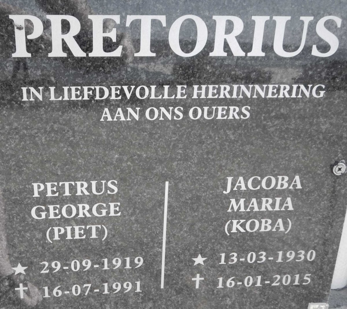 PRETORIUS Petrus George 1919-1991 &amp; Jacoba Maria 1930-2015