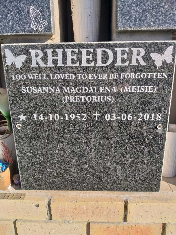 RHEEDER Susanna Magdalena nee PRETORIUS 1952-2018