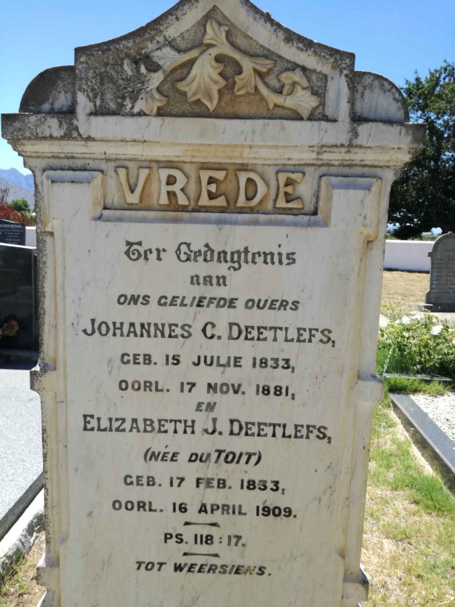 DEETLEFS Johannes C. 1833-1881 &amp; Elizabeth J. DU TOIT 1833-1909