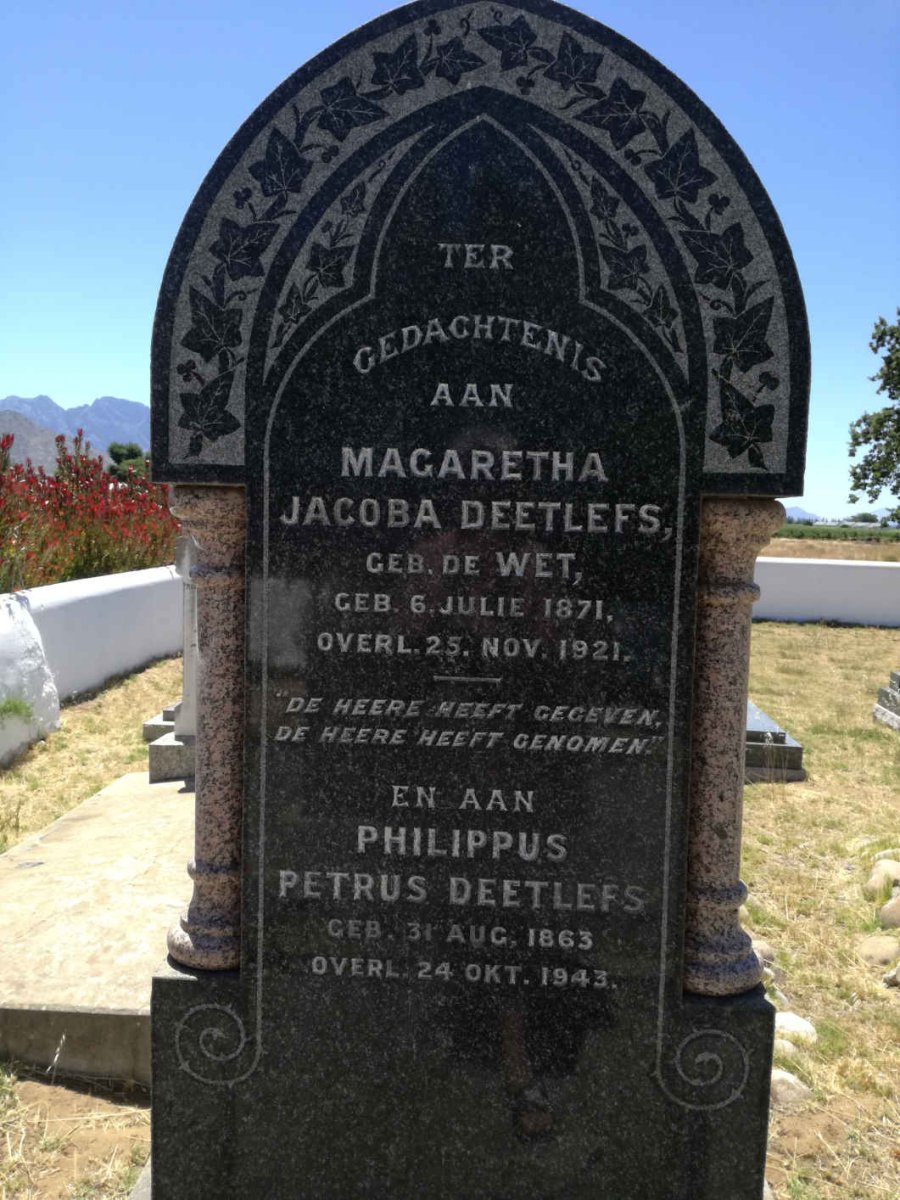 DEETLEFS Philippus Petrus 1863-1942 &amp; Magaretha Jacoba DE WET 1871-1921