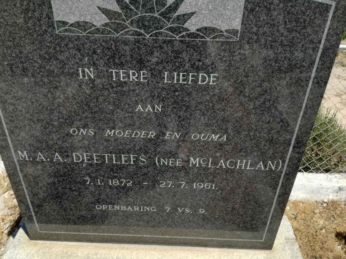 DEETLEFS M.A.A. nee McLACHLAN 1872-1961