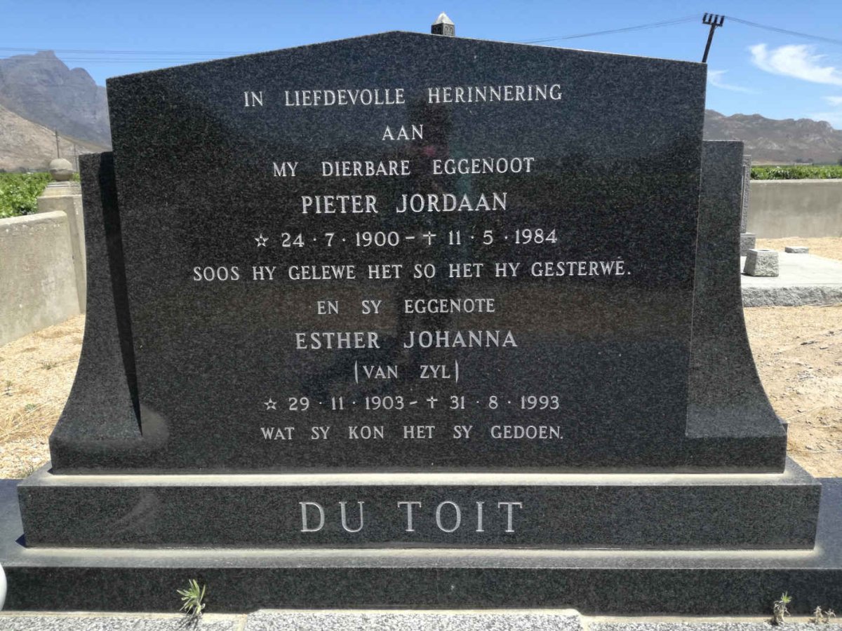 TOIT Pieter Jordaan, du 1900-1984 &amp; Esther Johanna VAN ZYL 1903-1993