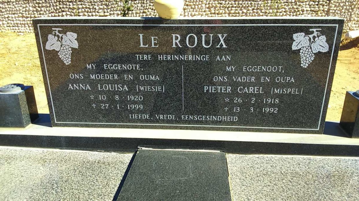 ROUX Pieter Carel, le 1918-1992 &amp; Anna Louisa 1920-1999