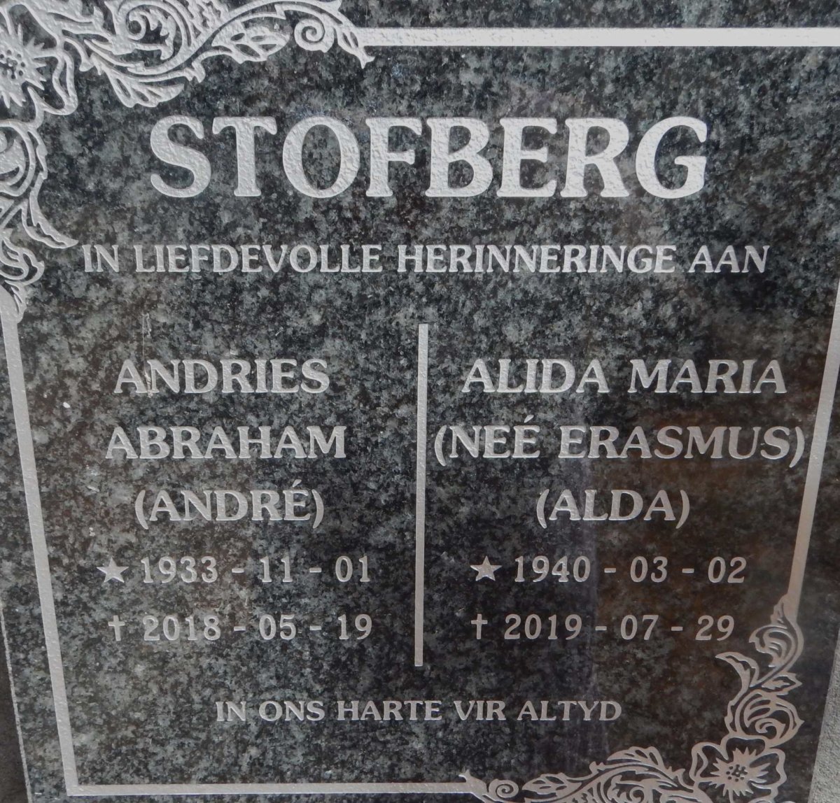 STOFBERG Andries Abraham 1933-2018 &amp; Alida Maria ERASMUS 1940-2019