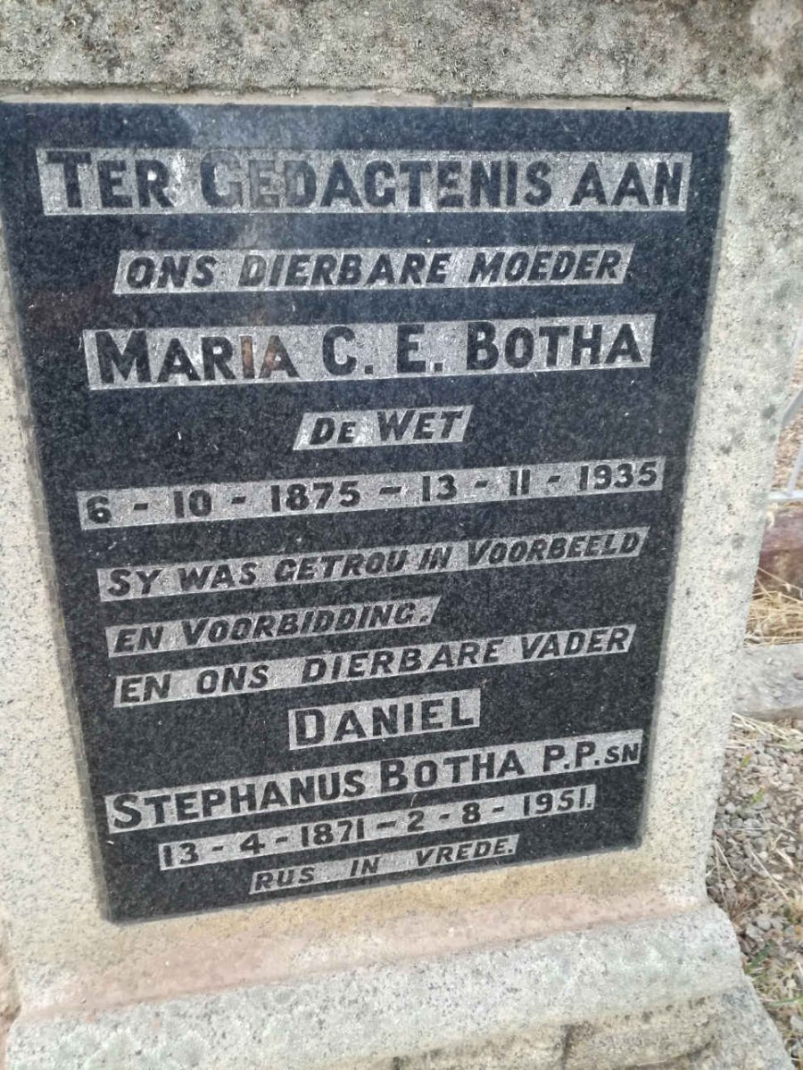 BOTHA Daniel Stephanus 1871-1951 &amp; Maria C.E. DE WET 1875-1935