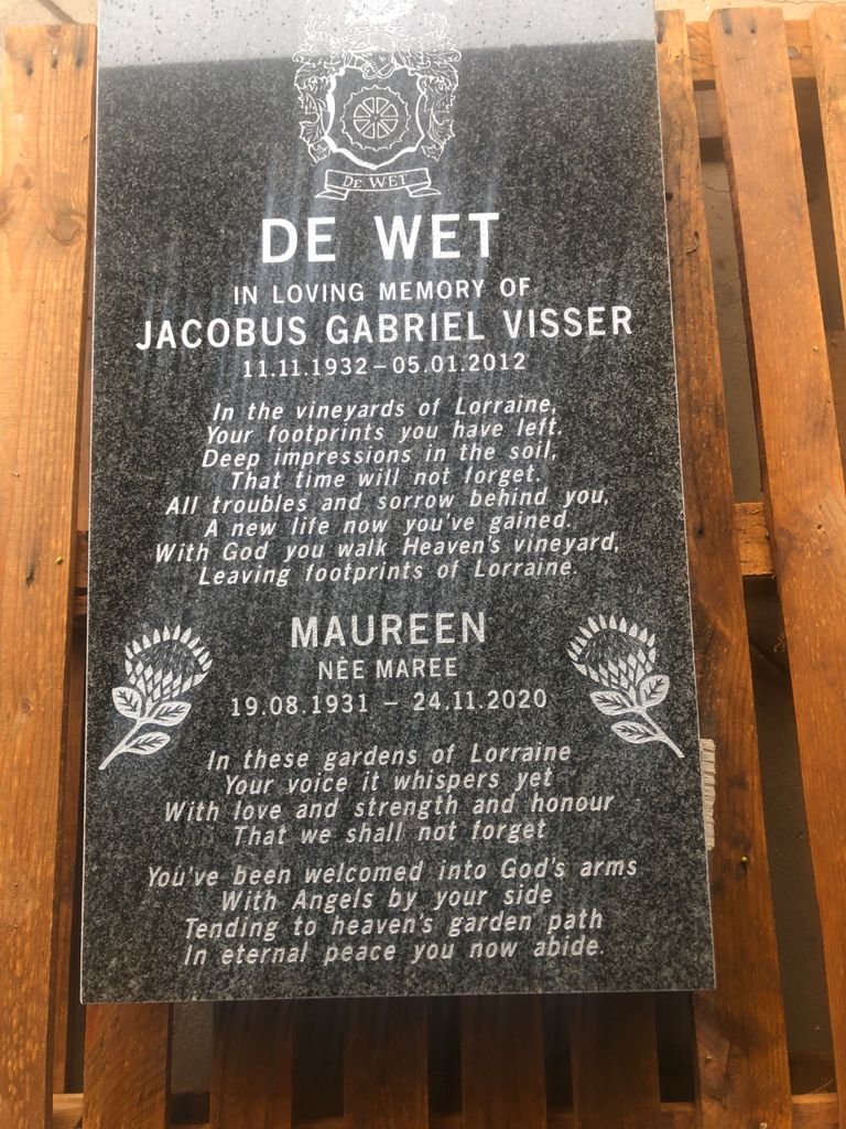 WET Jacobus Gabriel Visser, de 1932-2012 &amp; Maureen MAREE 1931-2020