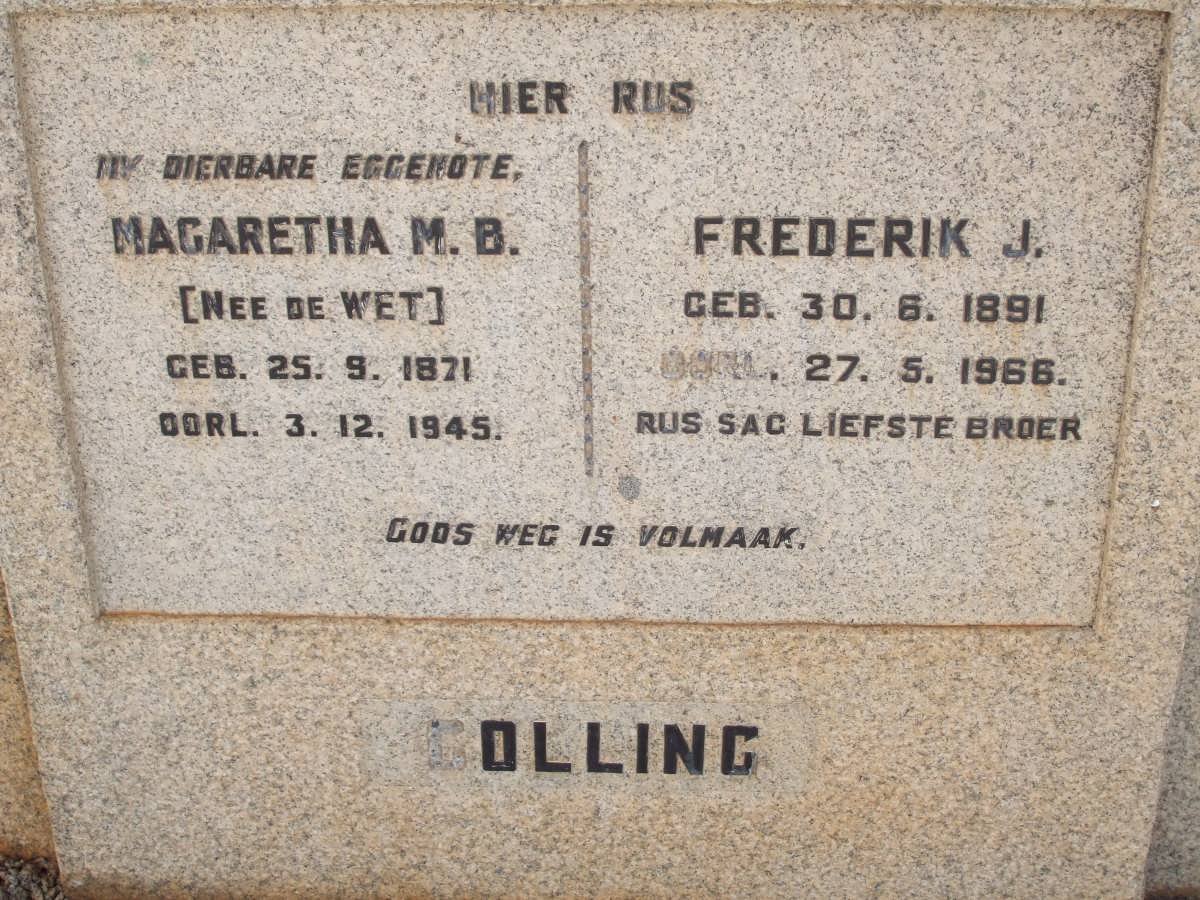 COLLING Frederik J. 1891-1966 :: COLLING Magaretha M.B. nee DE WET 1871-1945