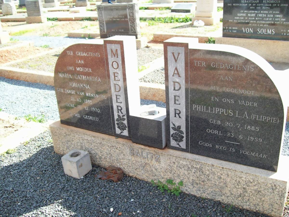 CALITZ Phillippus L.A. 1885-1959 &amp; Maria Catharina Johanna nee JANSE VAN RENSBURG 1895-1970