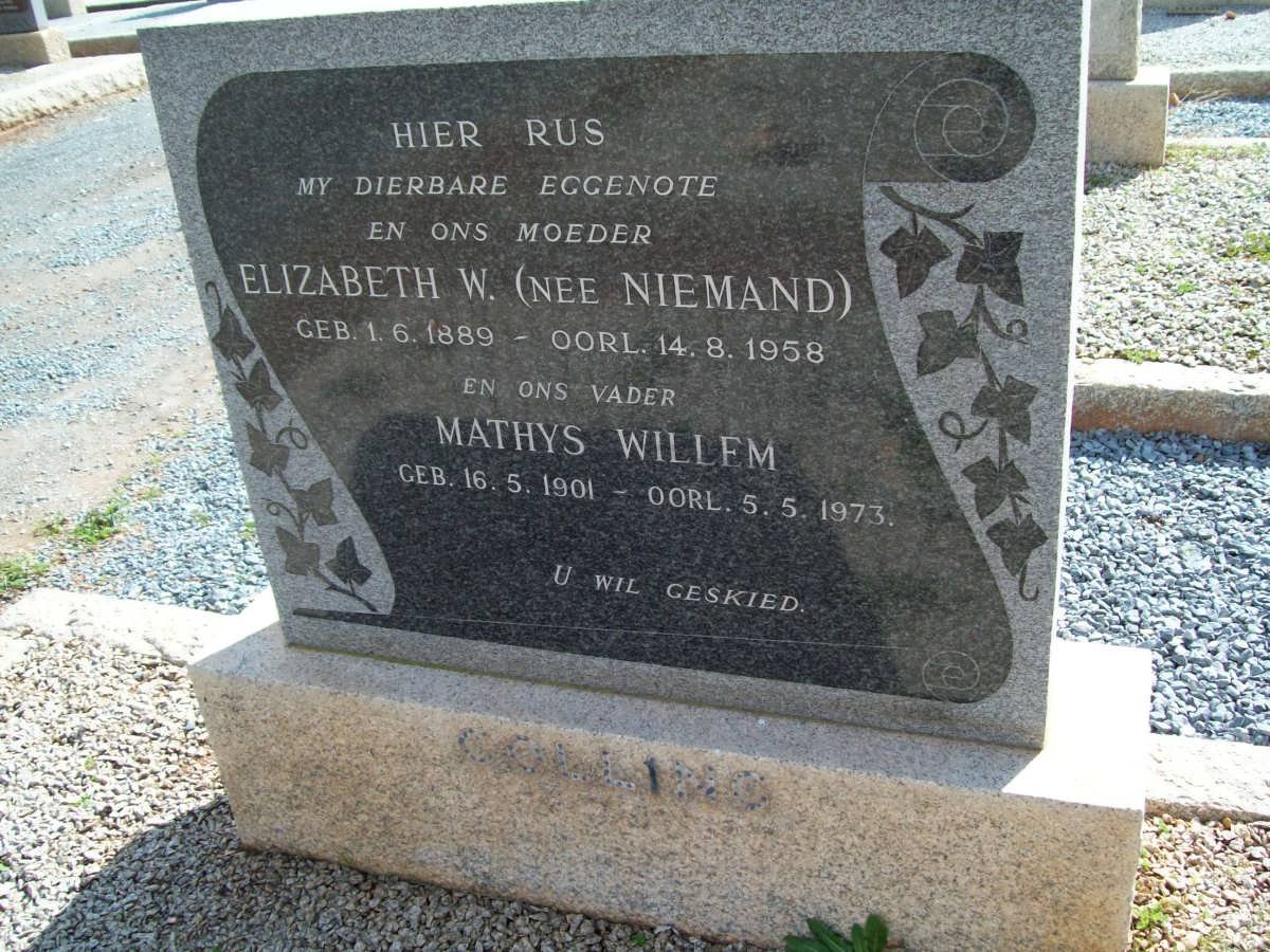 COLLING Mathys Willem 1901-1973 &amp; Elizabeth W. NIEMAND 1889-1958