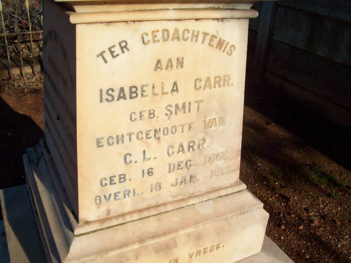 CARR Charles Louis 1843-1894 &amp; Isabella SMIT 1851-1912 :: CARR S.G. -1899