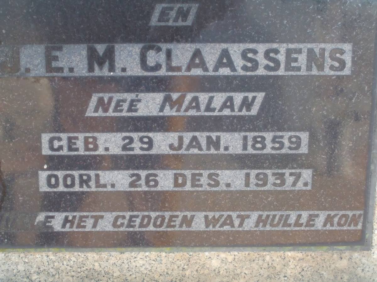 CLAASSENS H.J.H. 1857-1937 &amp; J.E.M. MALAN 1859-1937