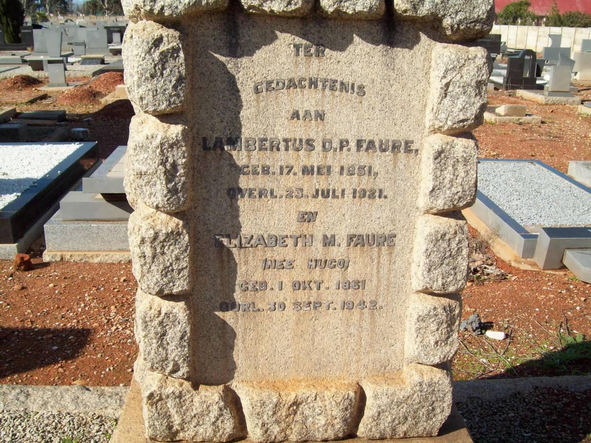 FAURE Lambertus d.P. 1851-1921 &amp; Elizabeth M. HUGO 1961-1942