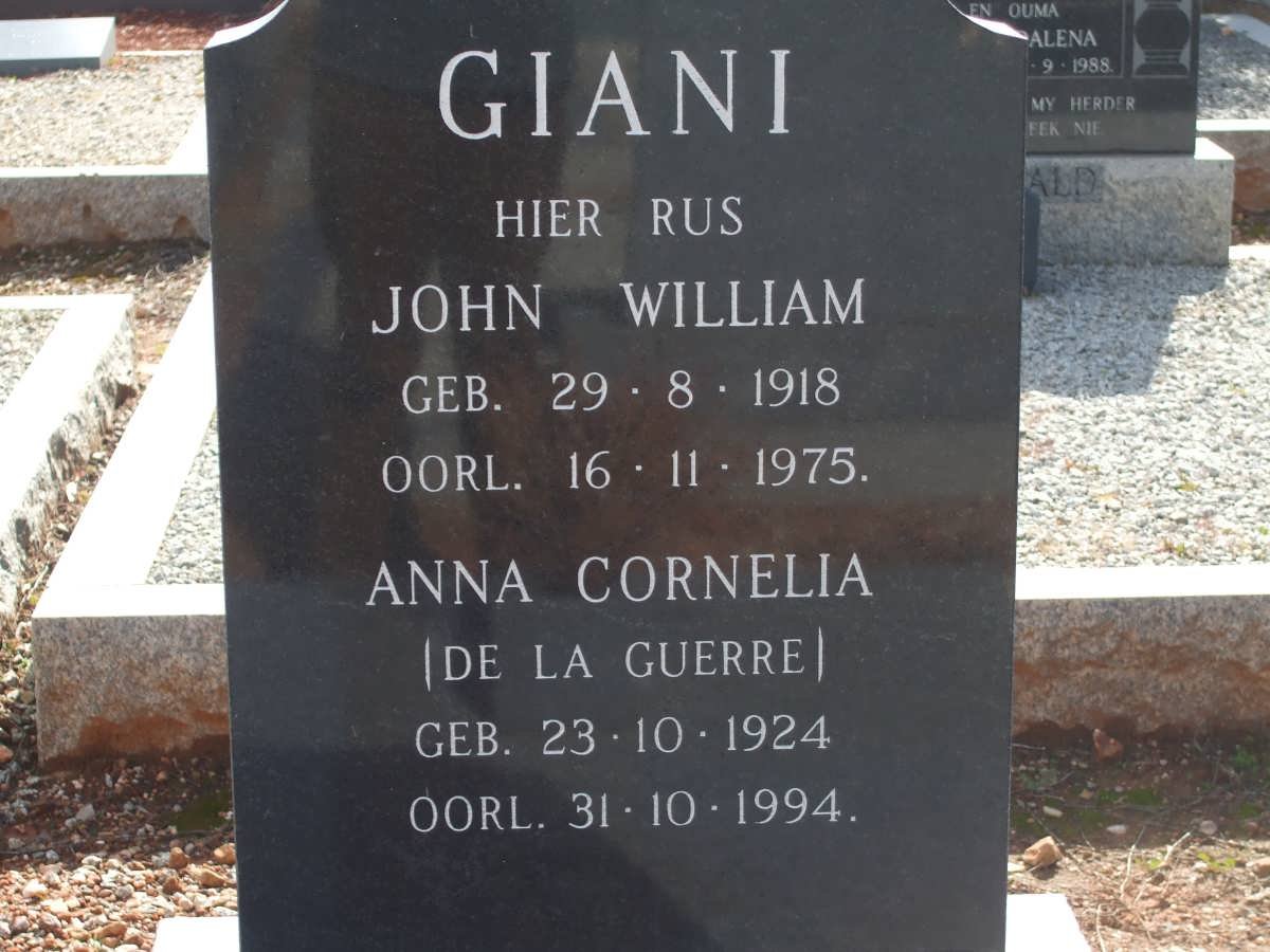 GIANI John William 1918-1975 &amp; Anna Cornelia DE LA GUERRE 1924-1994