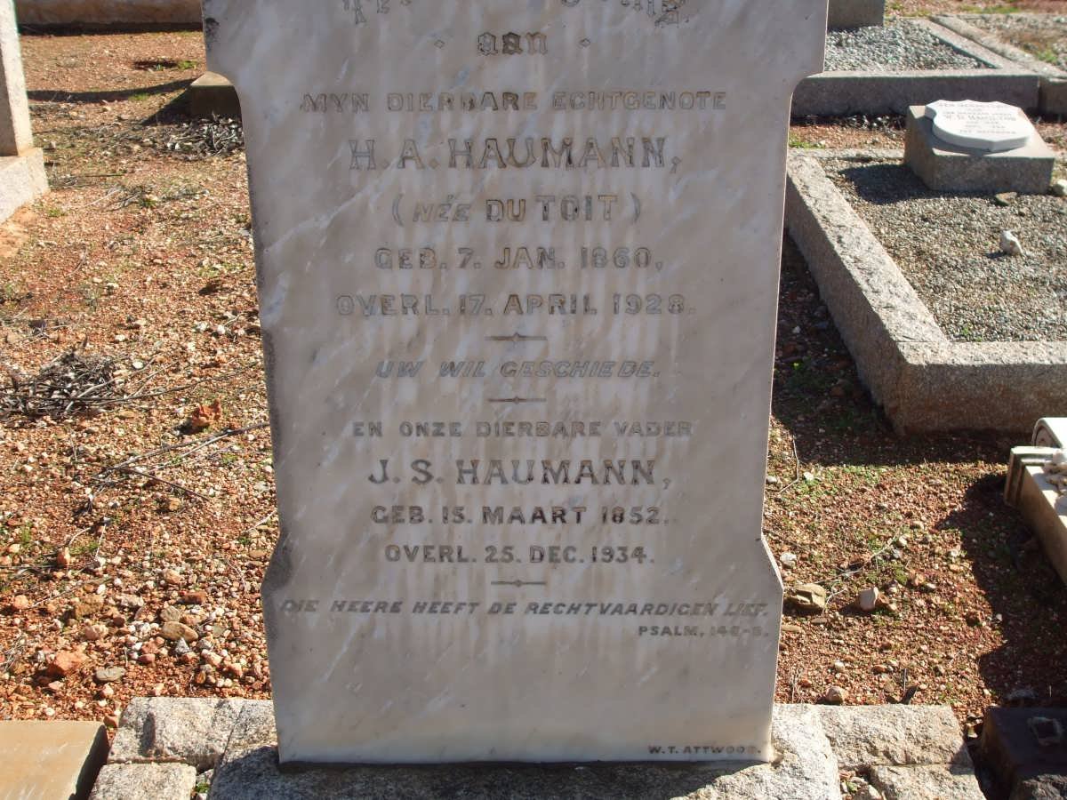 HAUMANN J.S. 1852-1934 &amp; H.A. DU TOIT 1860-1928