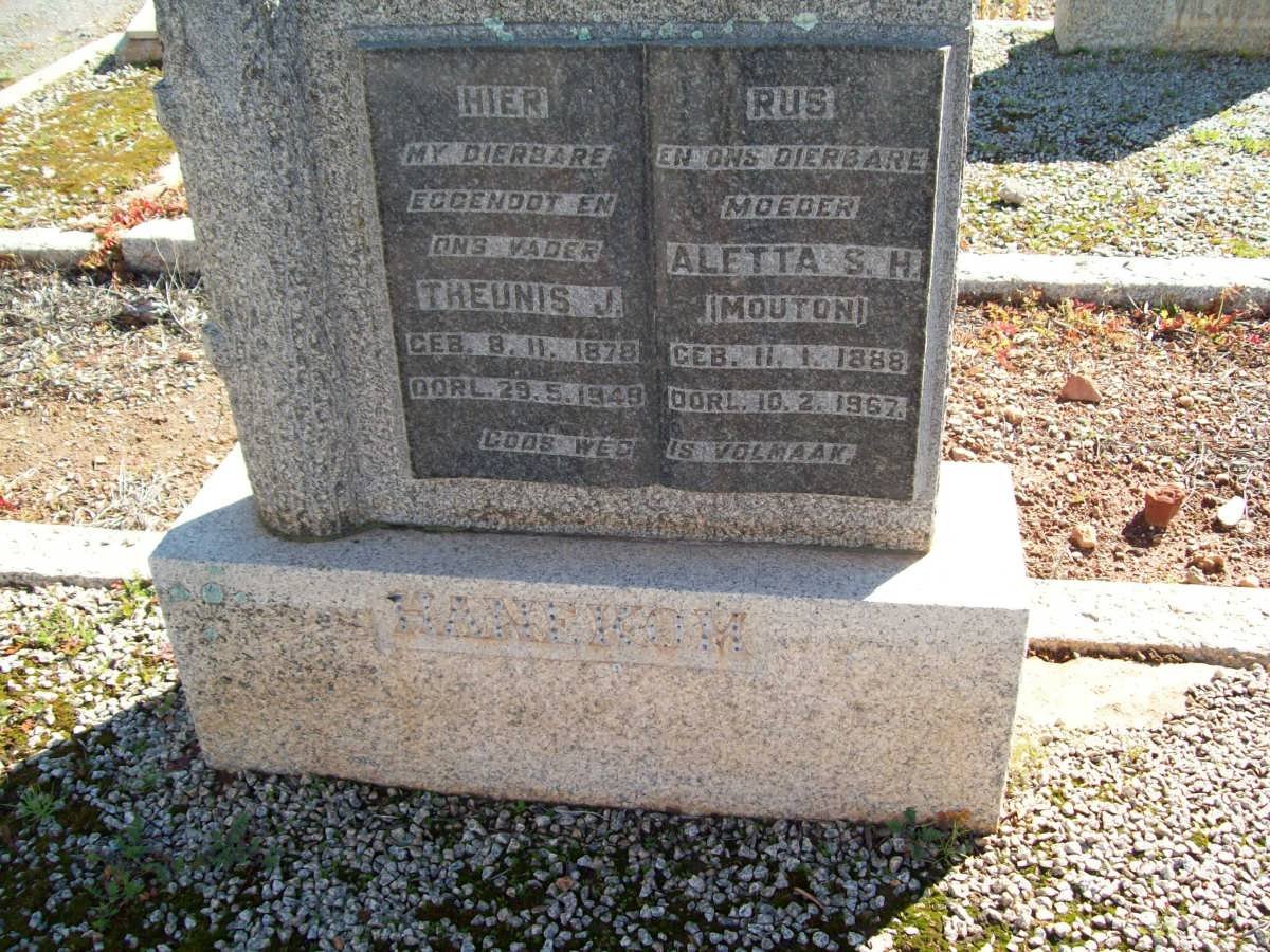 HANEKOM Theunis J. 1878-1948 &amp; Aletta S.H. MOUTON 1888-1967