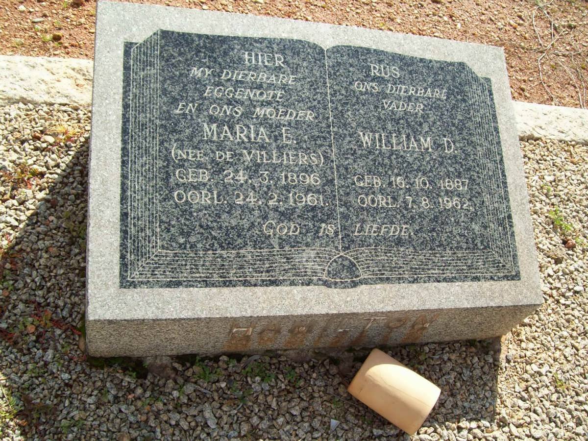 HAMILTON William D. 1887-1962 &amp; Maria E. DE VILLIERS 1896-1961