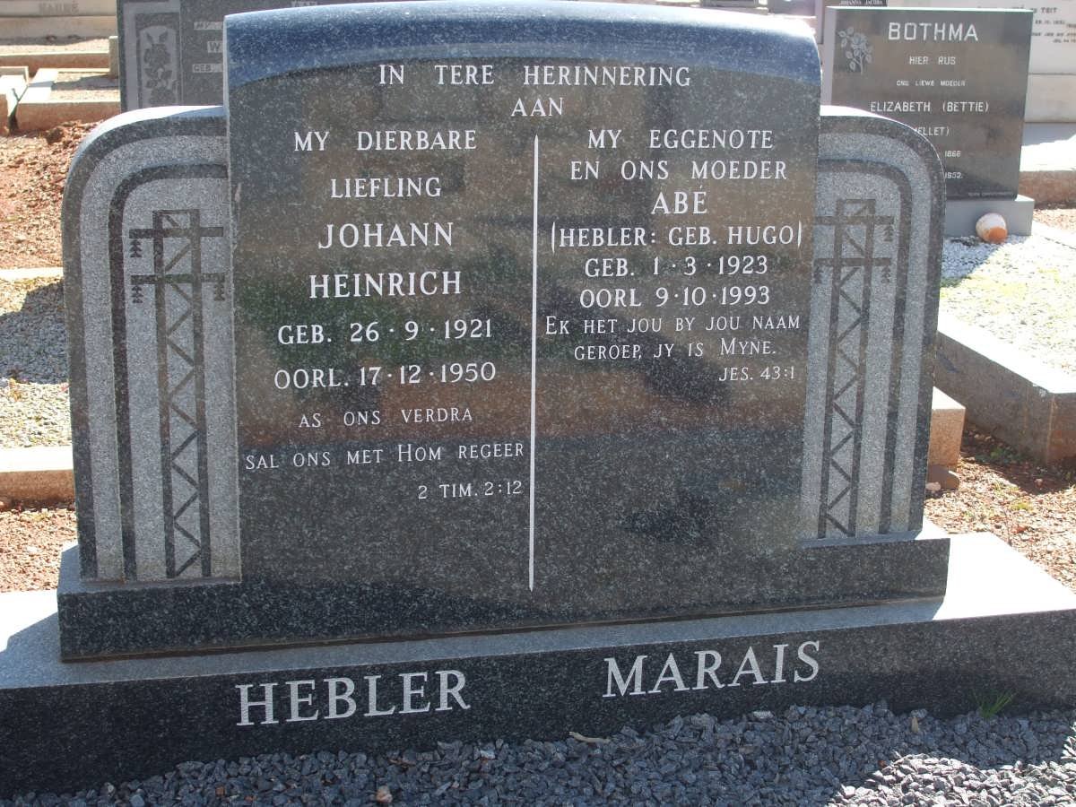 HEBLER Johann Heinrich 1921-1950 :: MARAIS Abe previously HEBLER nee HUGO 1923-1993