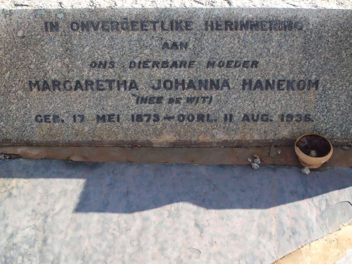 HANEKOM Margaretha Johanna nee DE WIT 1873-1936