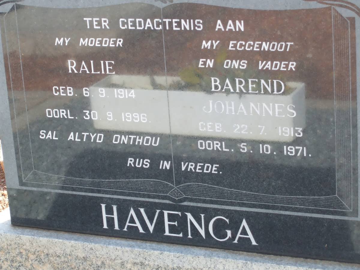 HAVENGA Barend Johannes 1913-1971 &amp; Ralie 1914-1996