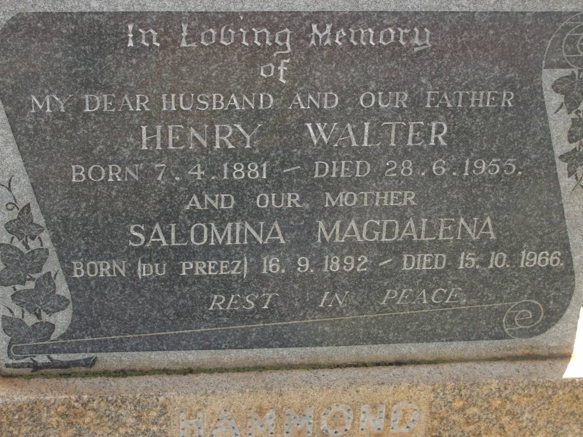 HAMMOND Henry Walter 1881-1955 &amp; Salomina Magdalena DE PREEZ 1892-1966
