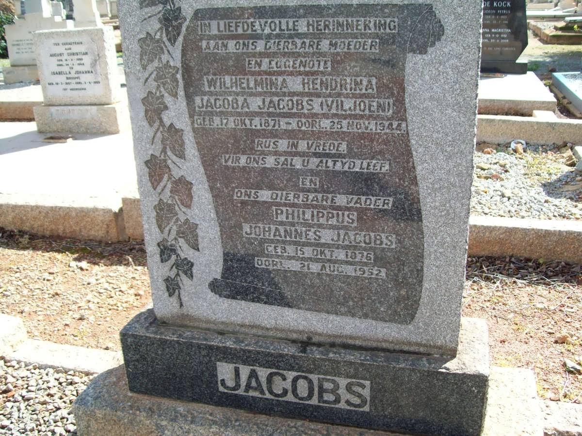 JACOBS Philippus Johannes 1876-1952 &amp; Wilhelmina Hendrina Jacoba VILJOEN 1871-1944