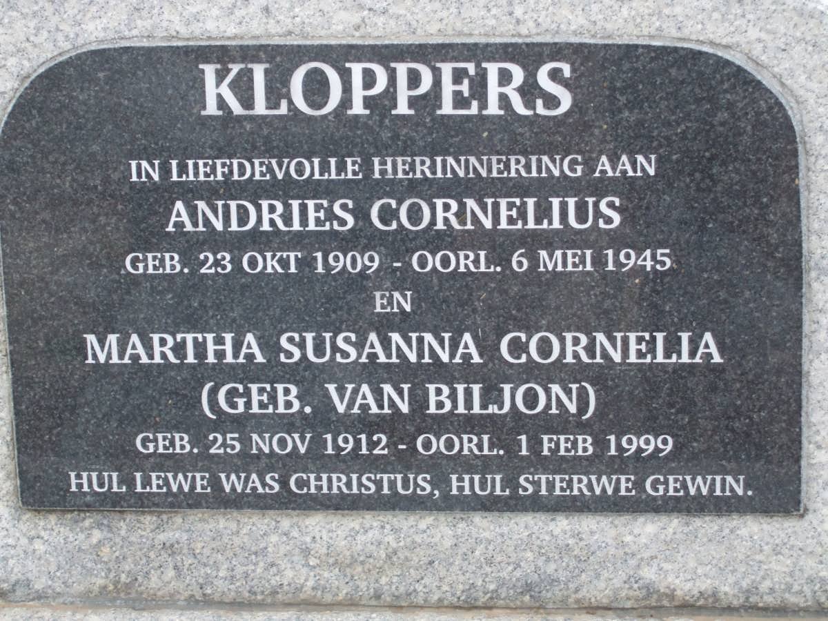 KLOPPERS Andries Cornelius 1909-1945 &amp; Martha Susanna Cornelia VAN BILJON 1912-1999