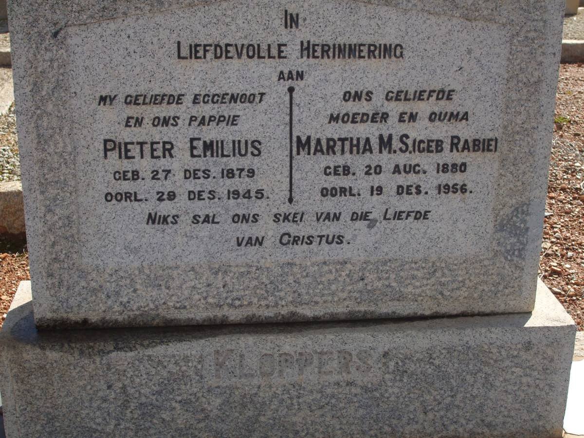 KLOPPERS Pieter Emilius 1879-1945 &amp; Martha M.S. RABIE 1880-1956