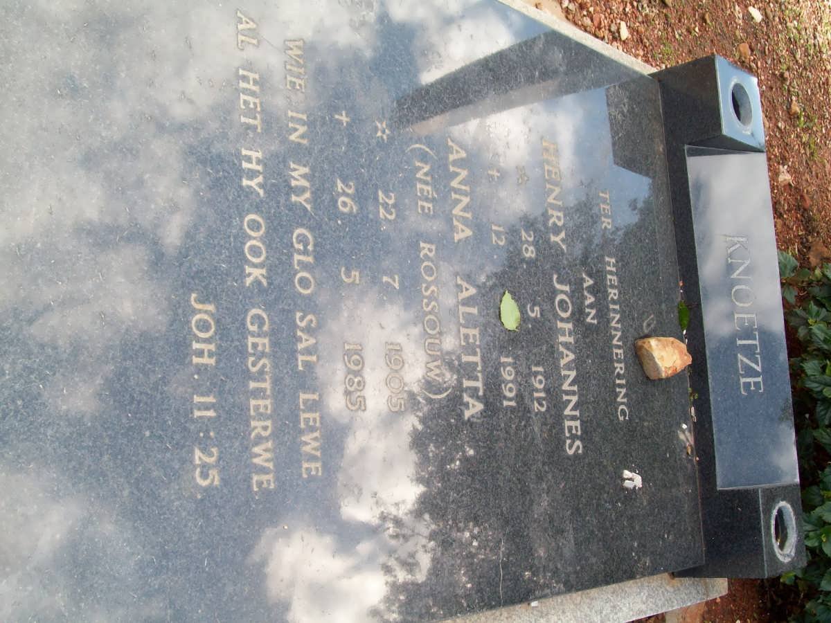 KNOETZE Henry Johannes 1912-1991 &amp; Anna Aletta ROSSOUW 1905-1985