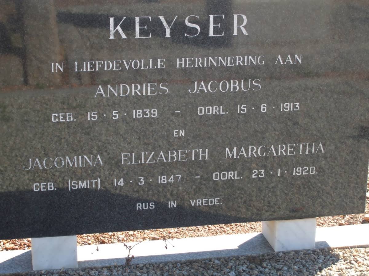 KEYSER Andries Jacobus 1839-1913 &amp; Jacomina Elizabeth Margaretha SMIT 1847-1920