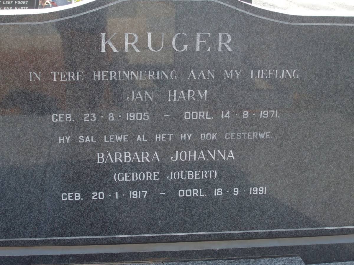 KRUGER Jan Harm 1905-1971 &amp; Barbara Johanna JOUBERT 1917-1991