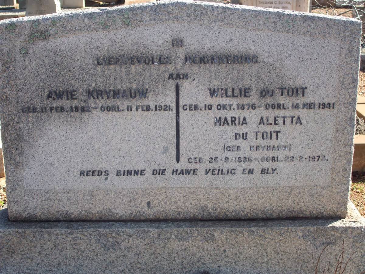 KRYNAUW Awie 1882-1921 :: DU TOIT Willie 1876-1941 :: DU TOIT Maria Aletta nee KRYNAUW 1886-1973