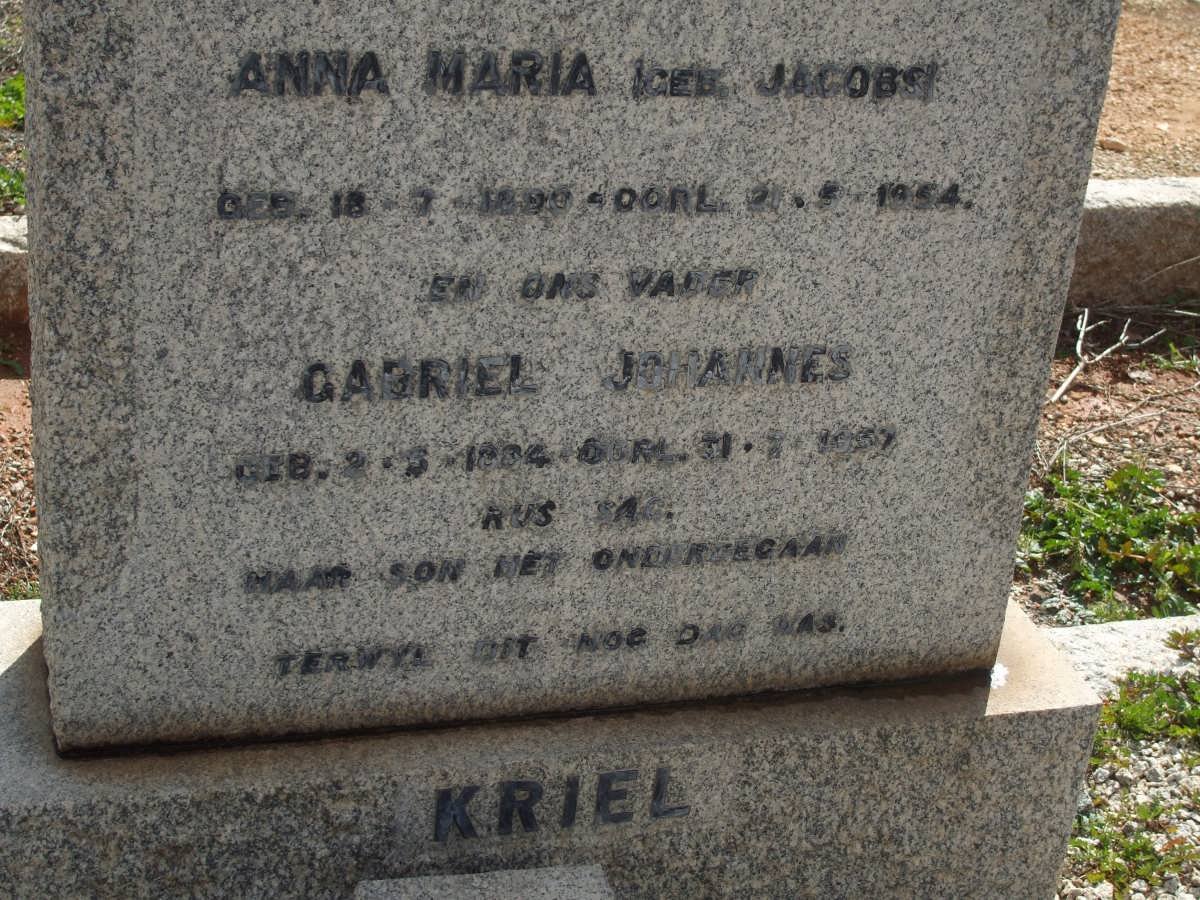 KRIEL Gabriel Johannes 1884-1957 &amp; Anna Maria JACOBS 1890-1954