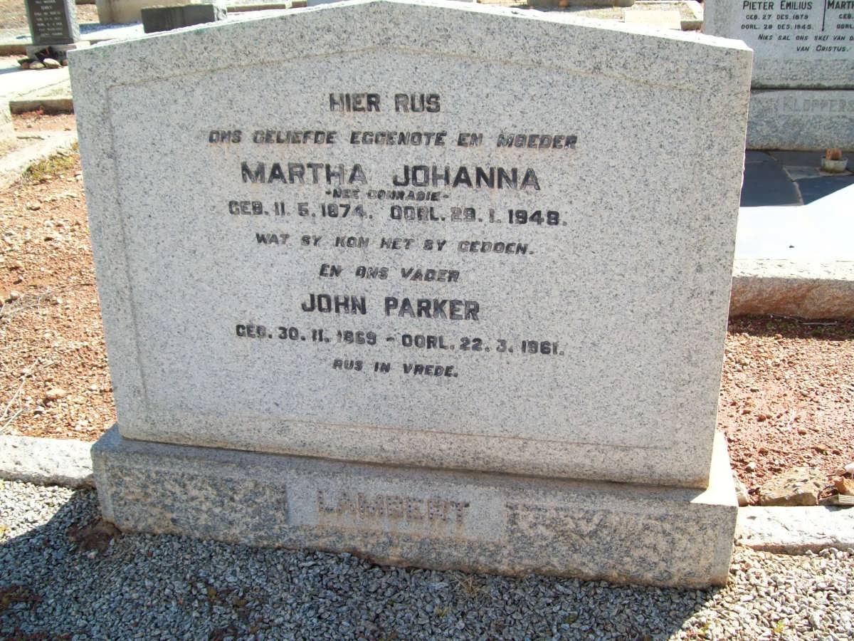 LAMBERT John Parker 1869-1961 &amp; Martha Johanna CONRADIE 1874-1948