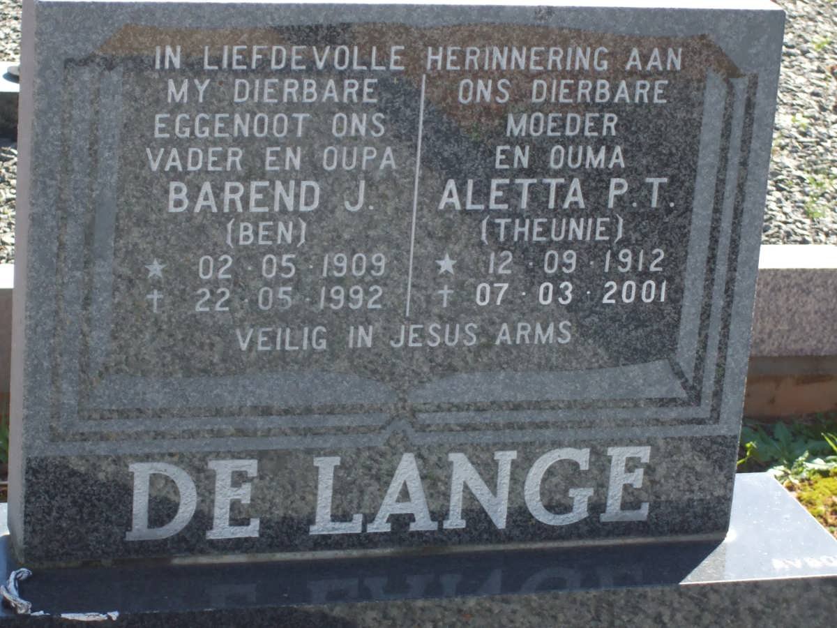 LANGE Barend J., de 1909-1992 &amp; Aletta P.T. 1912-2001