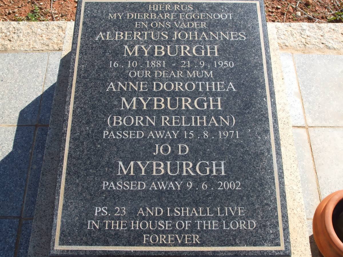 MYBURGH Albertus Johannes 1881-1950 &amp; Anne Dorothea RELIHAN -1971 :: MYBURGH Jo D. -2002