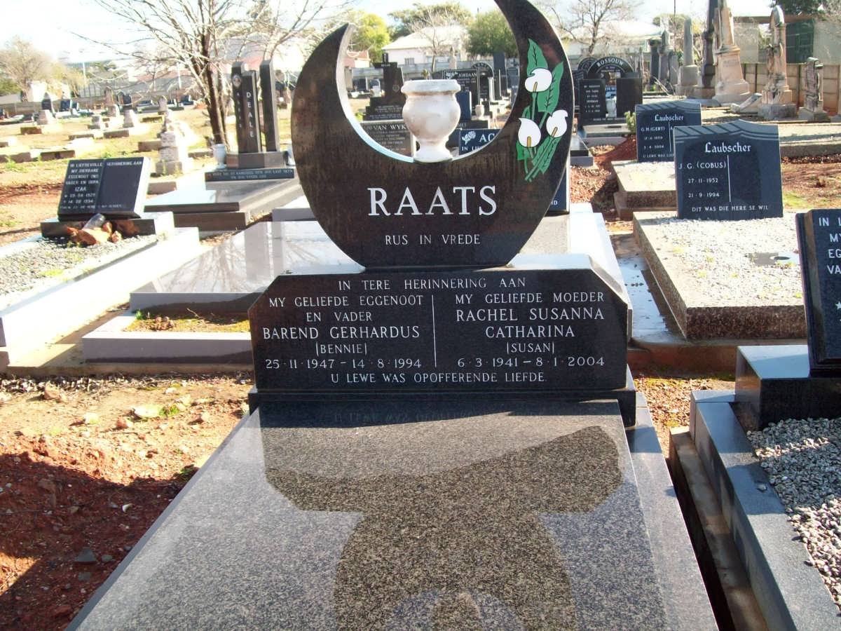 RAATS Barend Gerhardus 1947-1994 &amp; Rachel Susanna Catharina 1941-2004