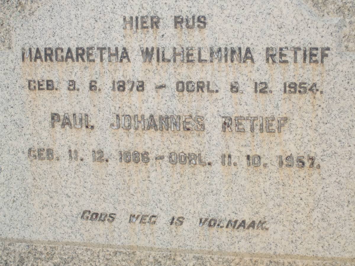 RETIEF Paul Johannes 1886-1957 &amp; Margaretha Wilhelmina 1878-1954