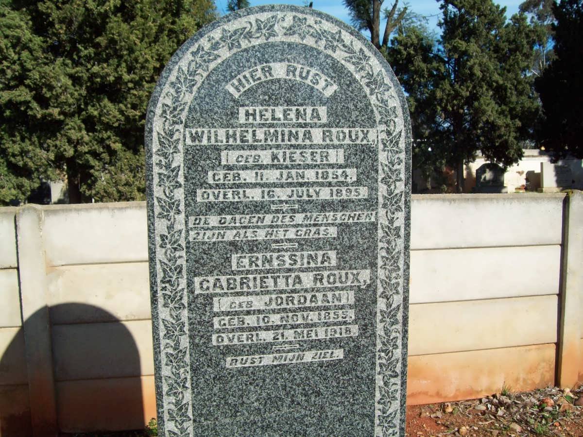 ROUX Helena Wilhelmina nee KIESER 1854-1895 :: ROUX Ernssina Gabrietta nee JORDAAN 1855-1915