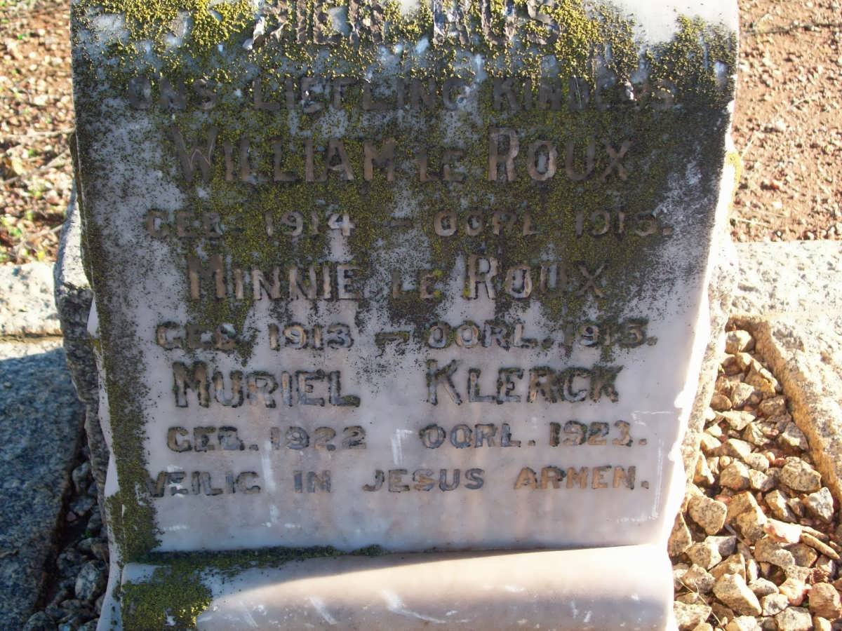 ROUX William, le 1914-1915 :: LE ROUX Minnie 1913-1915 :: KLERK Muriel 1922-1923
