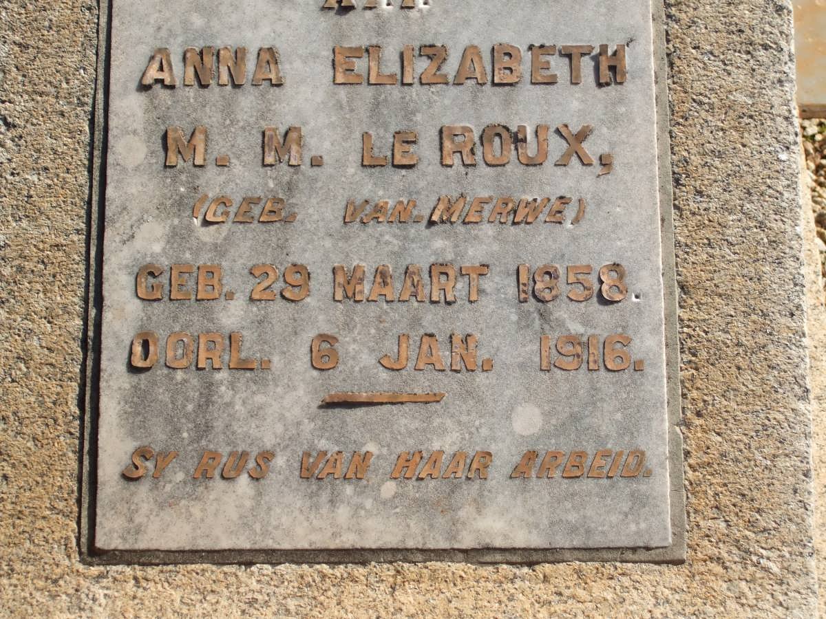 ROUX Anna Elizabeth M.M., le nee VAN MERWE 1858-1916