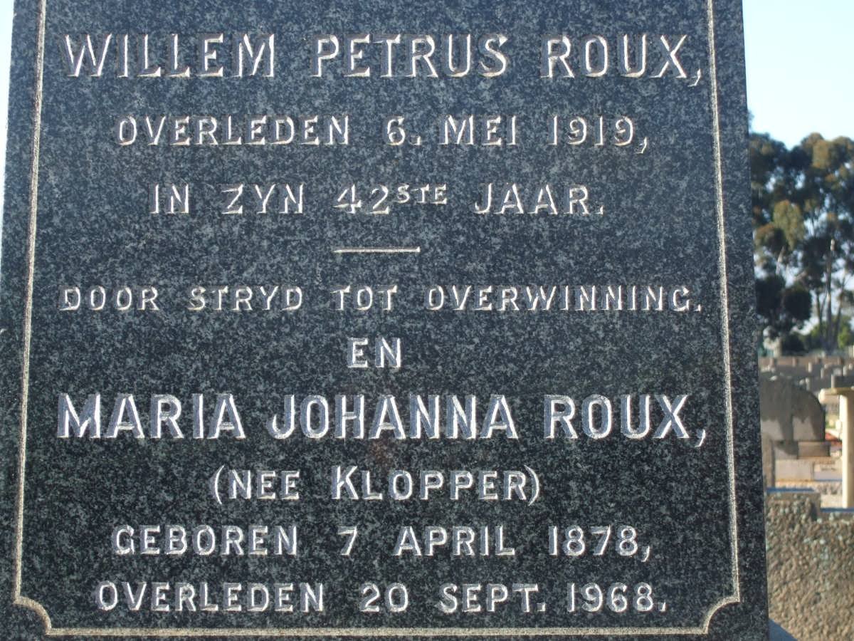 ROUX Willem Petrus -1919 &amp; Maria Johanna KLOPPER 1878-1968
