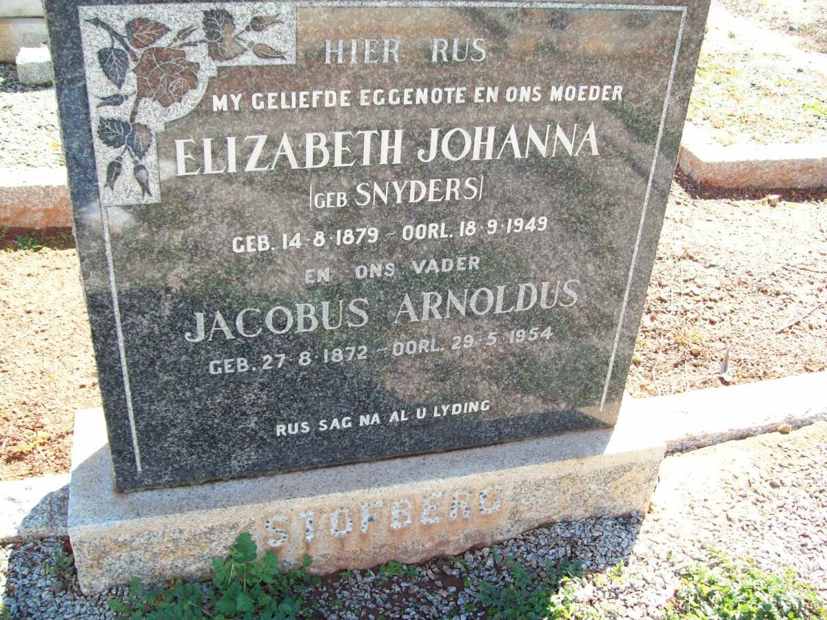 STOFBERG Jacobus Arnoldus 1872-1954 &amp; Elizabeth Johanna SNYDERS 1879-1949