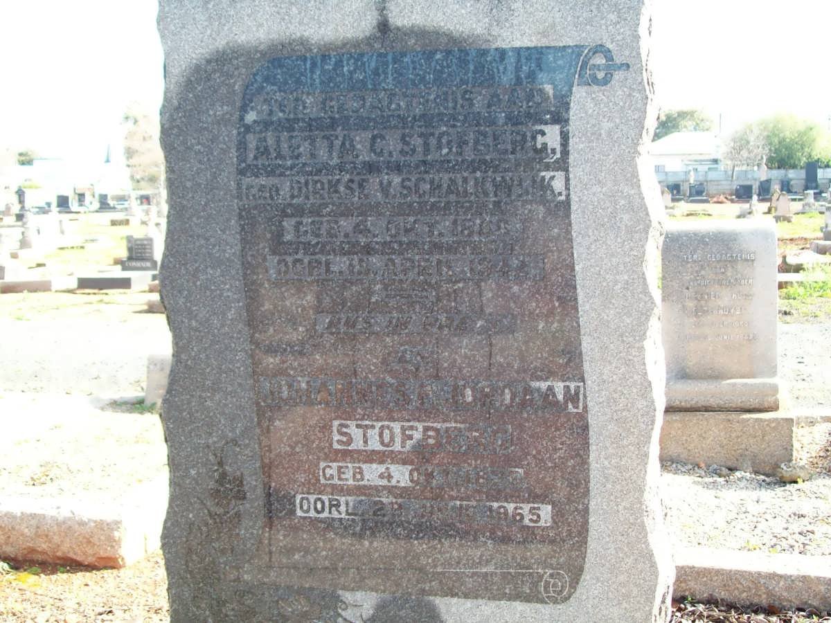 STOFBERG Johannes Jordaan 1878-1965 &amp; Aletta C. DIRKSE V. SCHALKWYK 1880-1940