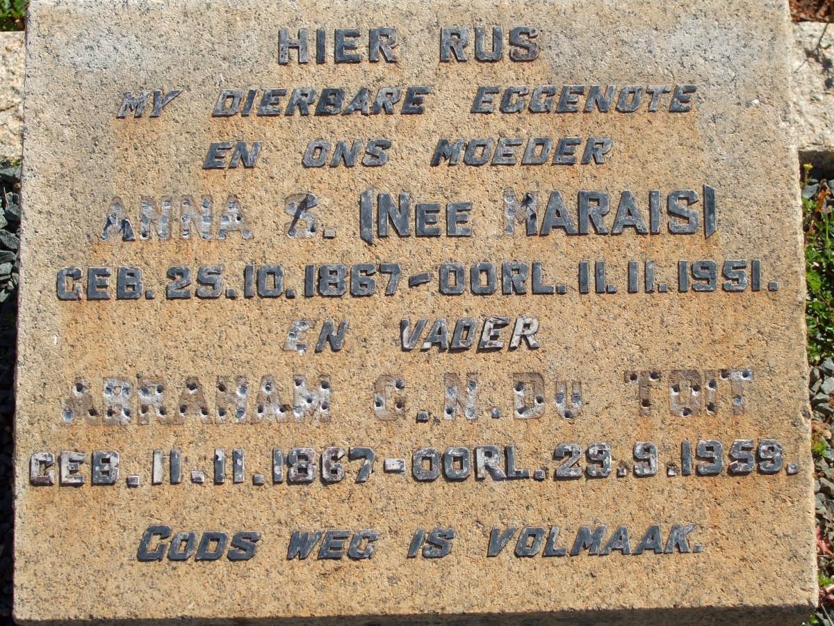 TOIT Abraham G.N., du 1867-1959 &amp; Anna S. ARAIS 1867-1951
