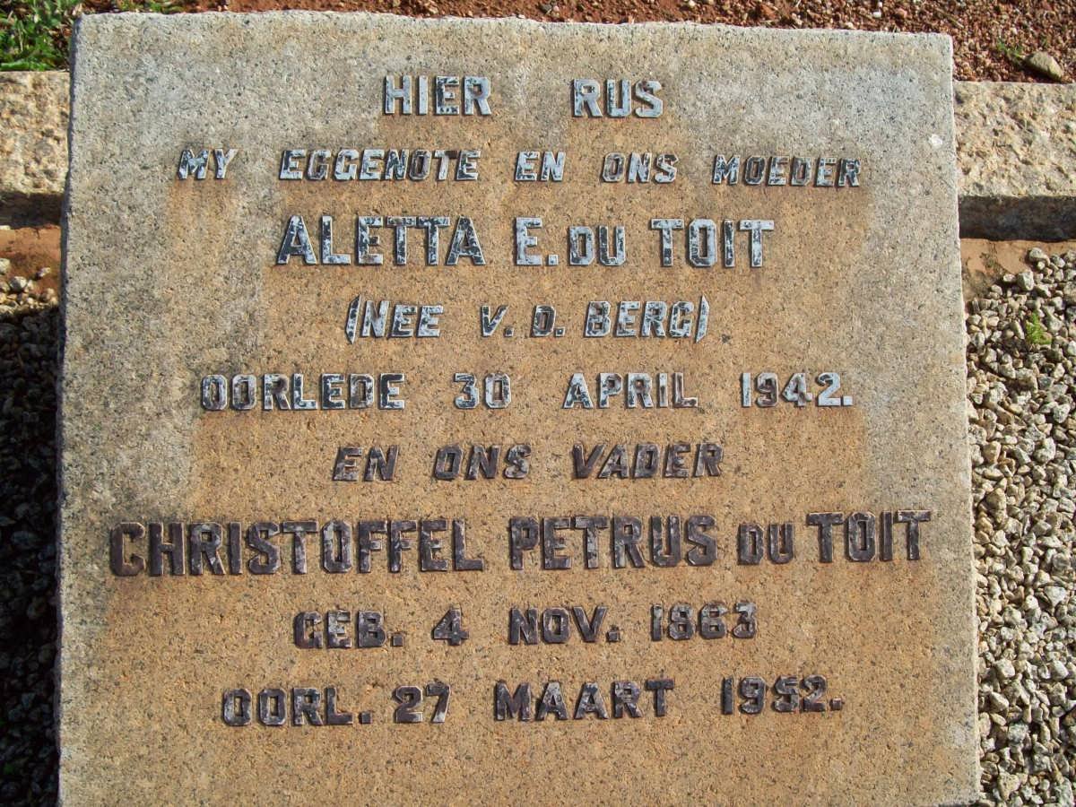 TOIT Christoffel Petrus, du 1863-1952 &amp; Aletta E. V.D. BERG -1942