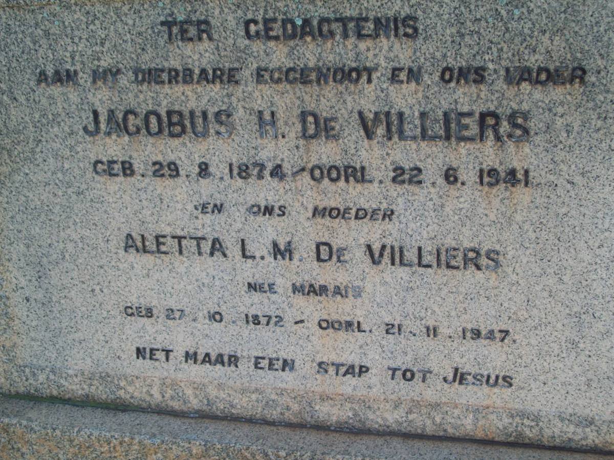 VILLIERS Jacobus H., de 1874-1941 &amp; Aletta L.M. MARAIS 1872-1947
