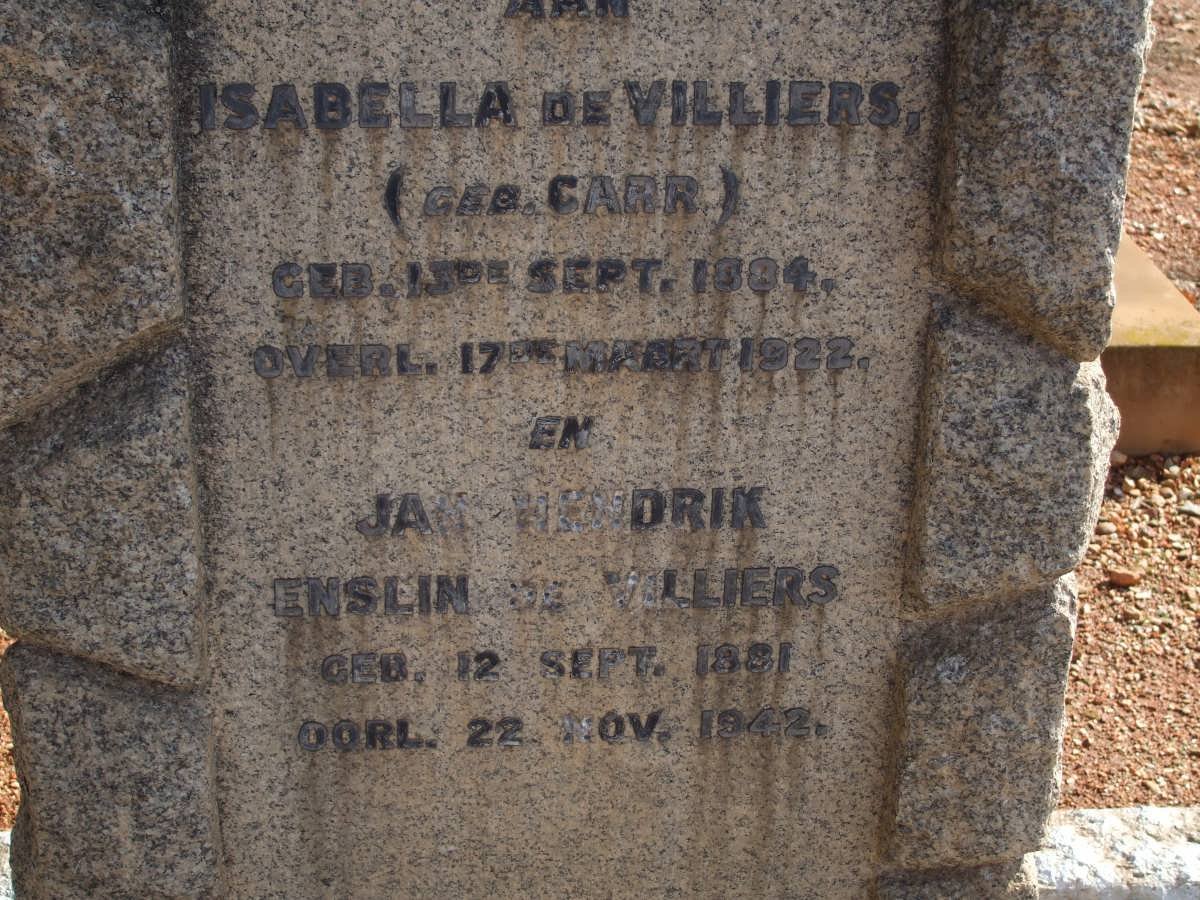 VILLIERS Jan Hendrik Enslin, de 1881-1942 &amp; Isabella CARR 1884-1922