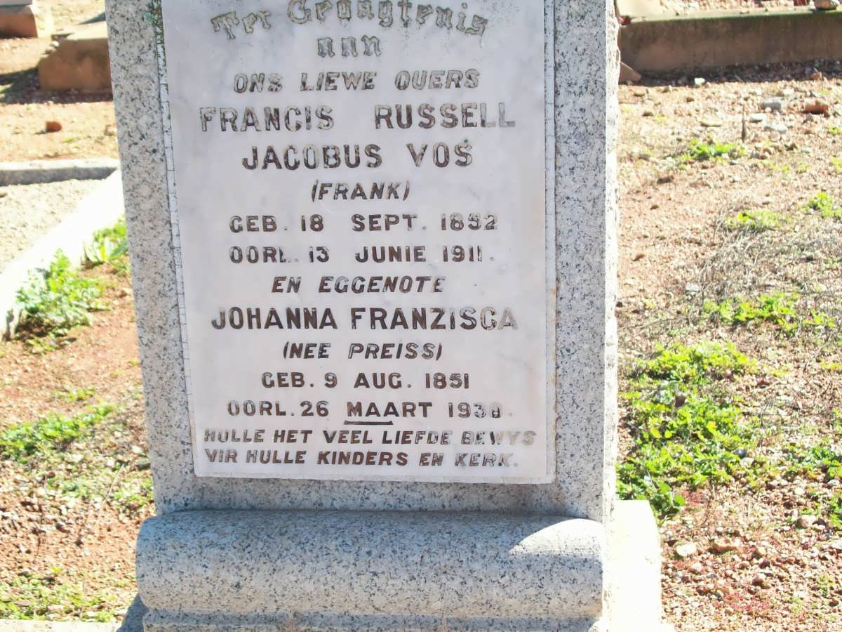 VOS Francis Russell Jacobus 1852-1911 &amp; Johanna Franzisca PREISS 1851-193?