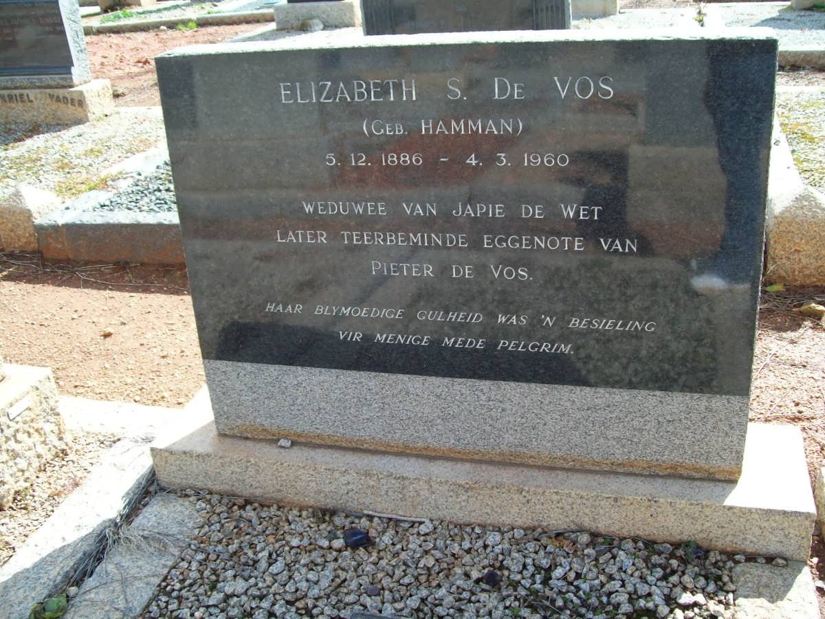 VOS Elizabeth S., de previously DE WET nee HAMMAN 1886-1960