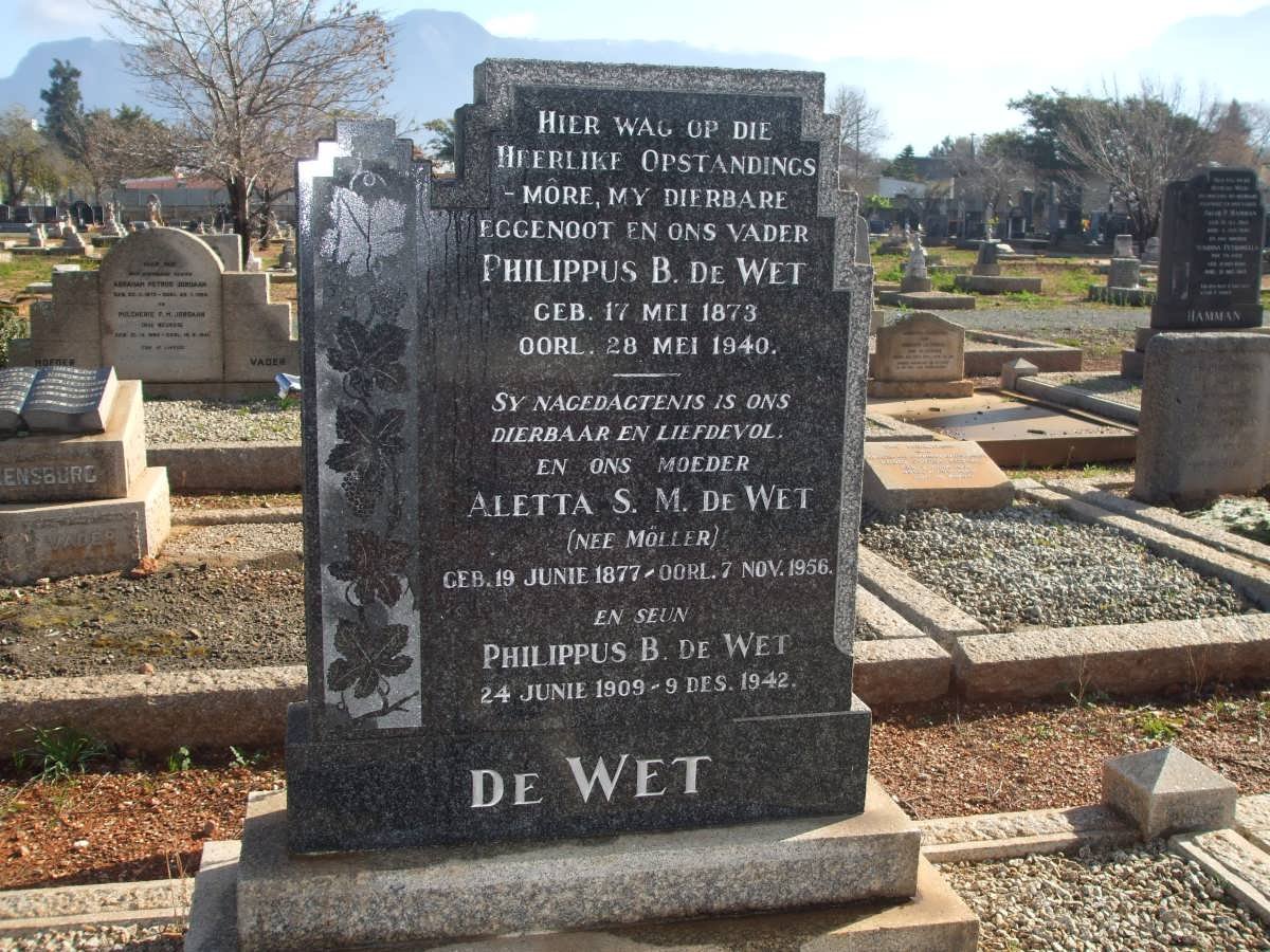 WET Philippus B., de 1873-1940 &amp; Aletta S.M. MOLLER 1877-1956 :: DE WET Philippus B. 1909-1942